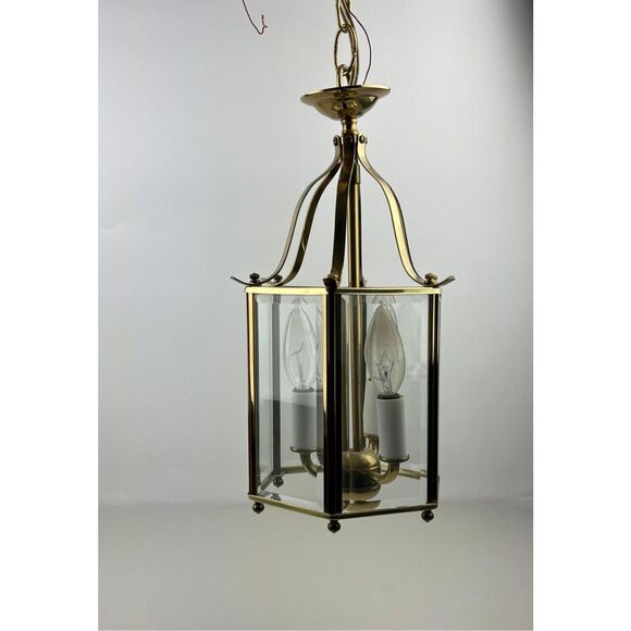Vintage MCM American Lantern Co Pendant Ceiling Lamp Brass Glass 6 Panel 3 Light - Picture 4 of 12